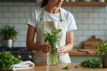 Femme conservant des feuilles de menthe fraîches dans un bocal d'eau froide sur un plan de travail en bois pour éviter le noircissement après récolte