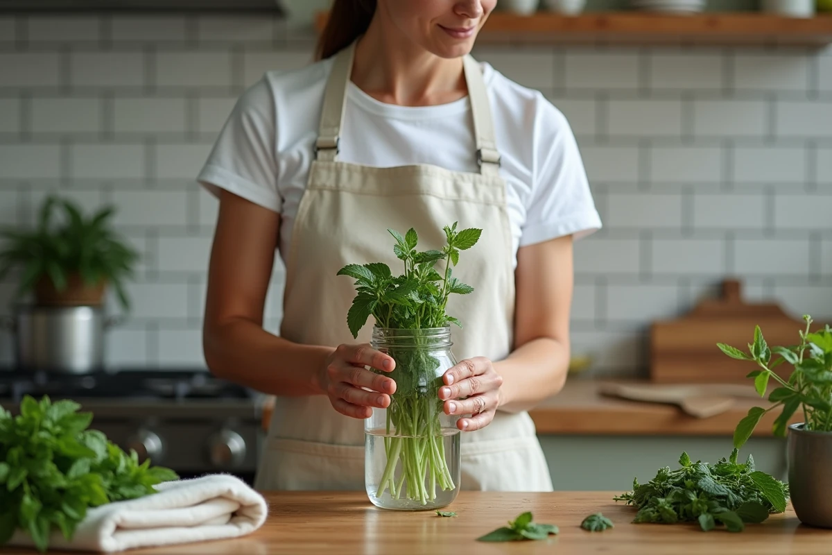 Femme conservant des feuilles de menthe fraîches dans un bocal d'eau froide sur un plan de travail en bois pour éviter le noircissement après récolte