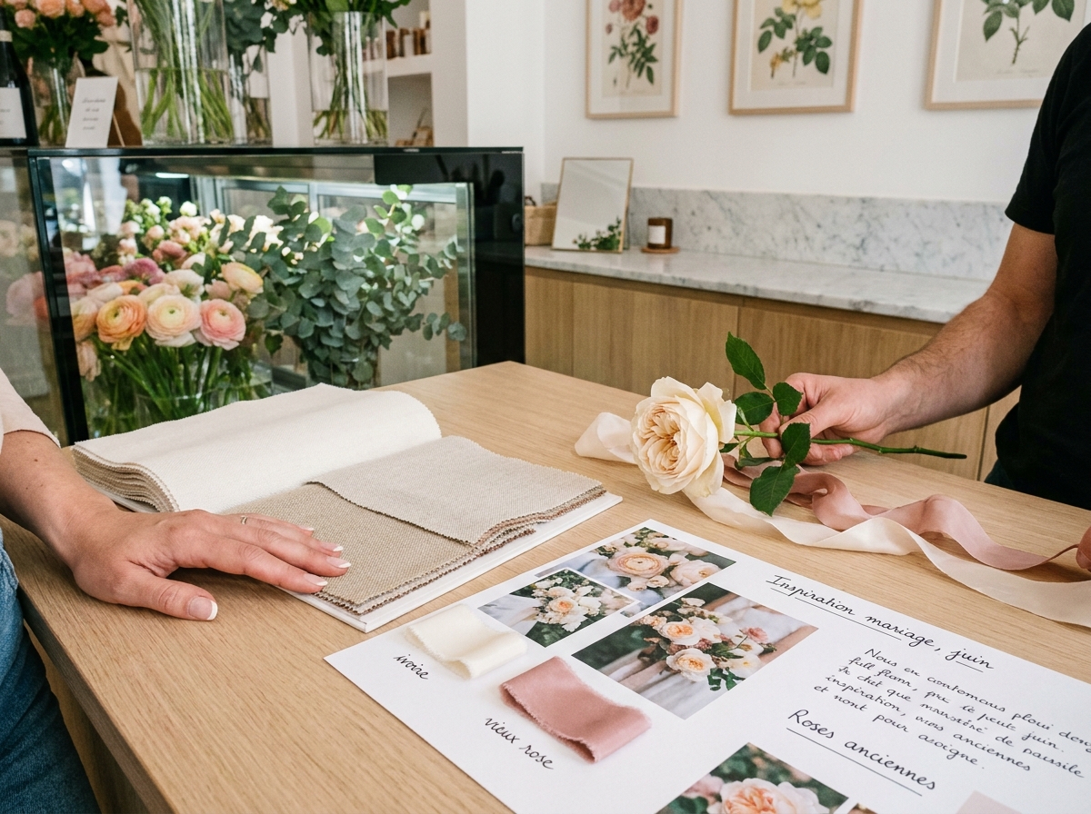 Consultation florale événementielle chez un fleuriste parisien avec planche d'inspiration, échantillons de tissus et rose de jardin