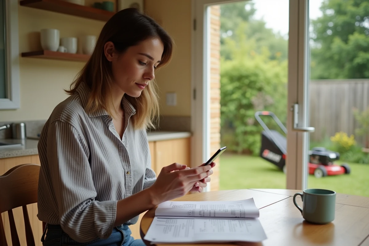 Femme consultant la réglementation locale sur son téléphone portable concernant les horaires de tonte du dimanche