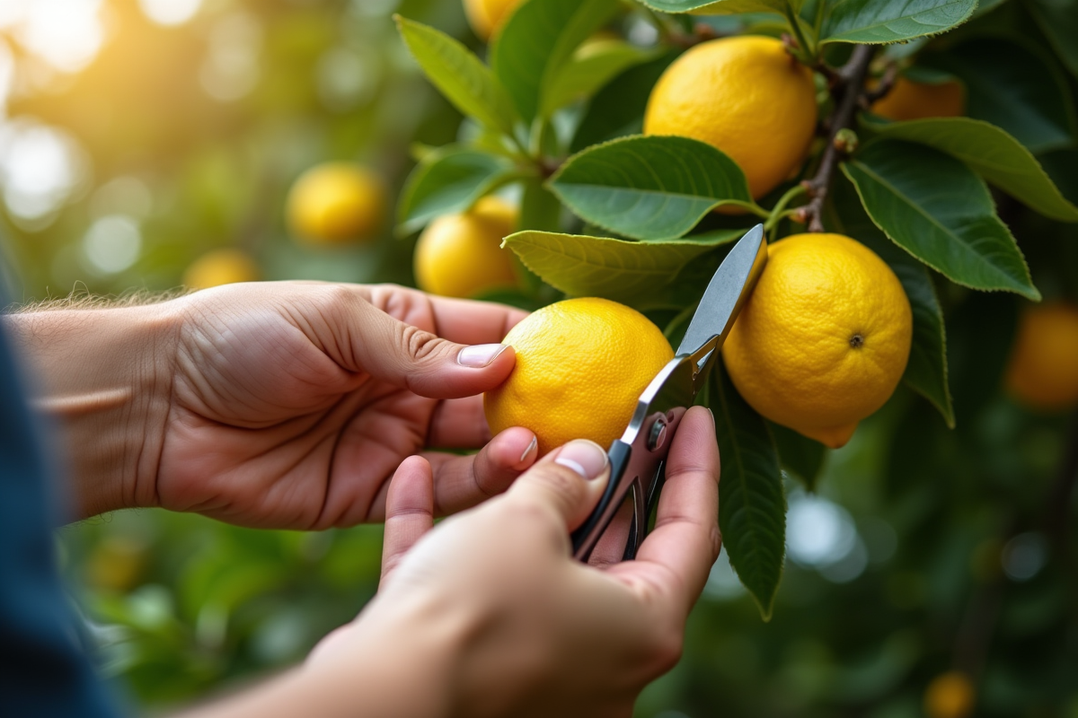 Mains effectuant une coupe précise sur une branche de citronnier