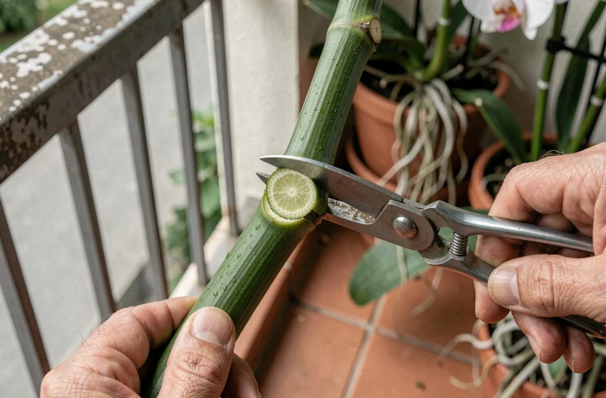 Gros plan sur une coupe nette d'une tige d'orchidée au niveau d'un nœud avec des ciseaux de jardinage
