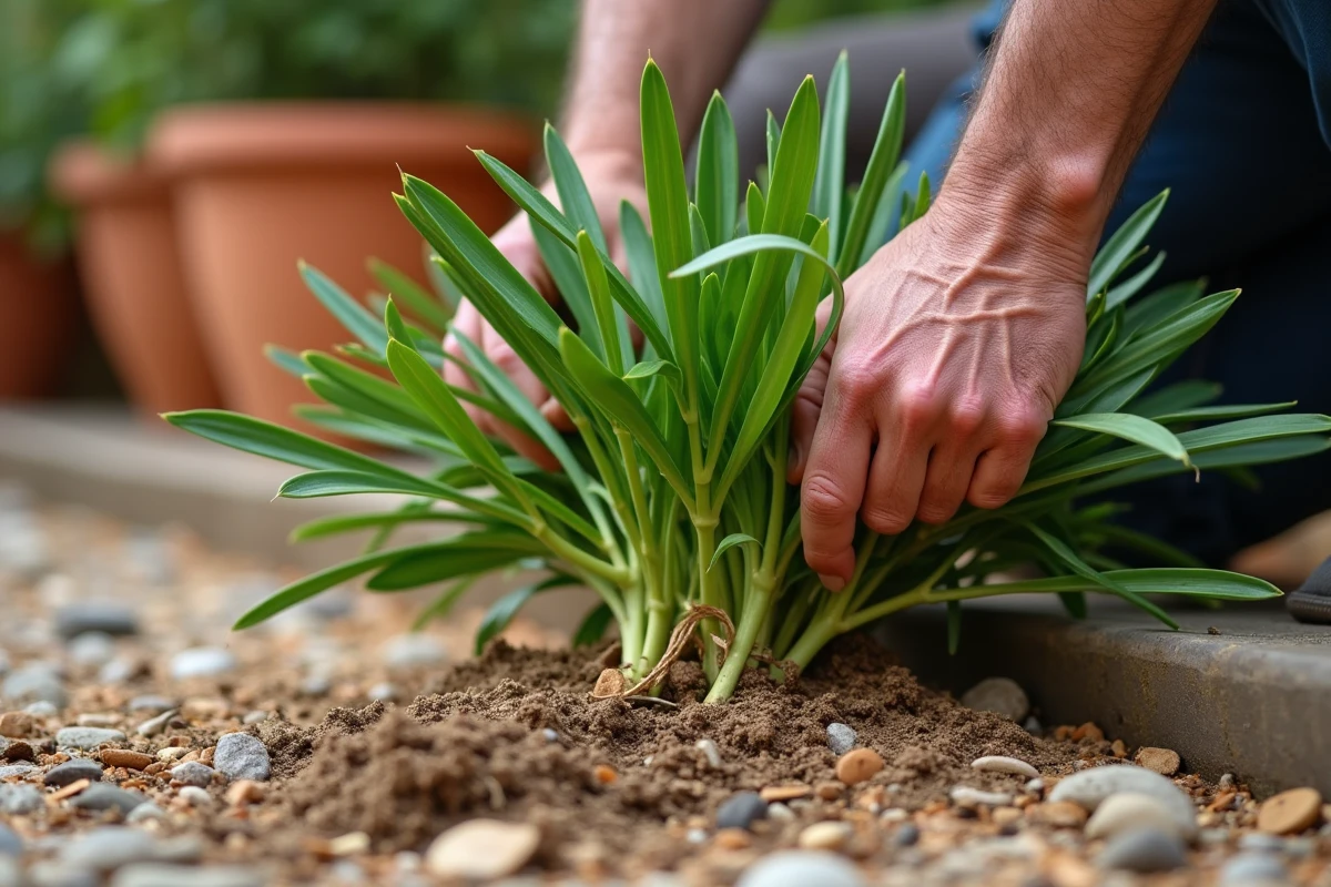 Mains de jardinier tenant des tiges d'agapanthe coupées près d'une touffe en bonne santé sur terrasse méditerranéenne