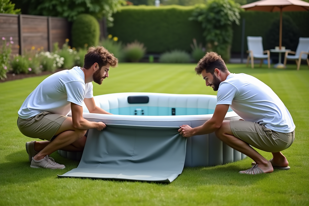 Jeune couple déployant une bâche pour spa gonflable dans le jardin