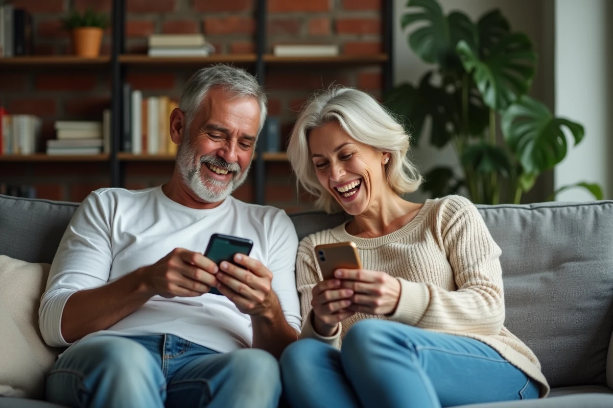 Couple jouant ensemble à des jeux de nains de jardin hors ligne sur smartphone dans un appartement moderne