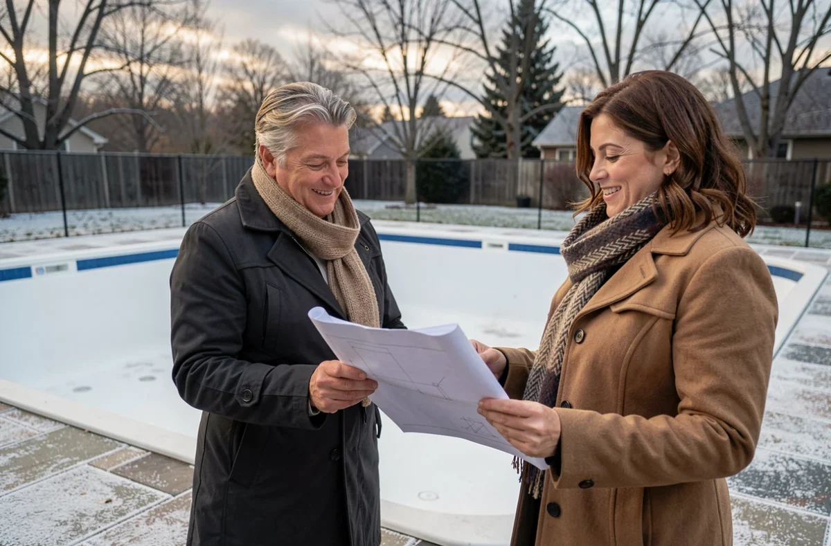 Couple examinant les plans de leur piscine coque nouvellement installée en hiver dans leur jardin