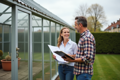 Couple discutant devant serre en construction dans un jardin français