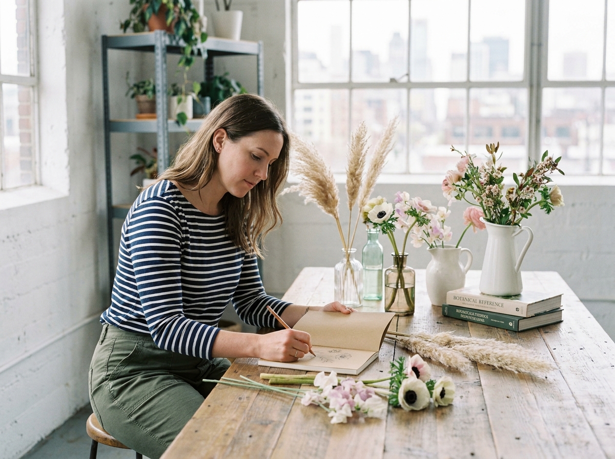 Créatrice florale esquissant une composition de fleurs dans un studio urbain entouré de tiges et de vases