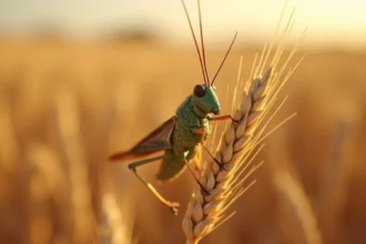 Criquet sauteureau posé sur une tige de blé dans un champ agricole, détail macro des ailes et pattes texturées