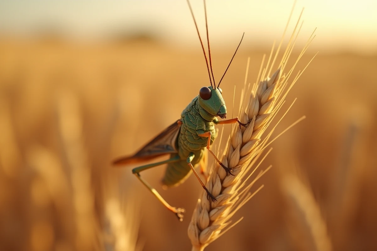 Criquet sauteureau posé sur une tige de blé dans un champ agricole, détail macro des ailes et pattes texturées