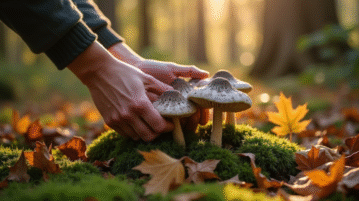 Mains de cueilleur récoltant des chanterelles dans la forêt