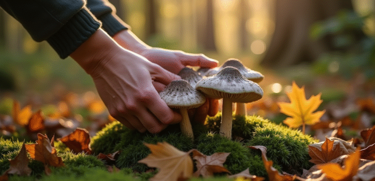 Mains de cueilleur récoltant des chanterelles dans la forêt