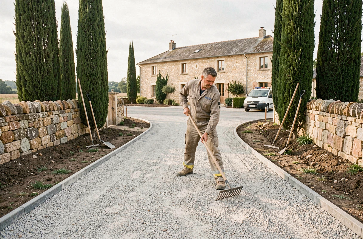 Spécialiste de Daniel Moquet signe vos allées finissant une allée en gravier devant une maison de caractère à Castels-et-Bézenac, Dordogne