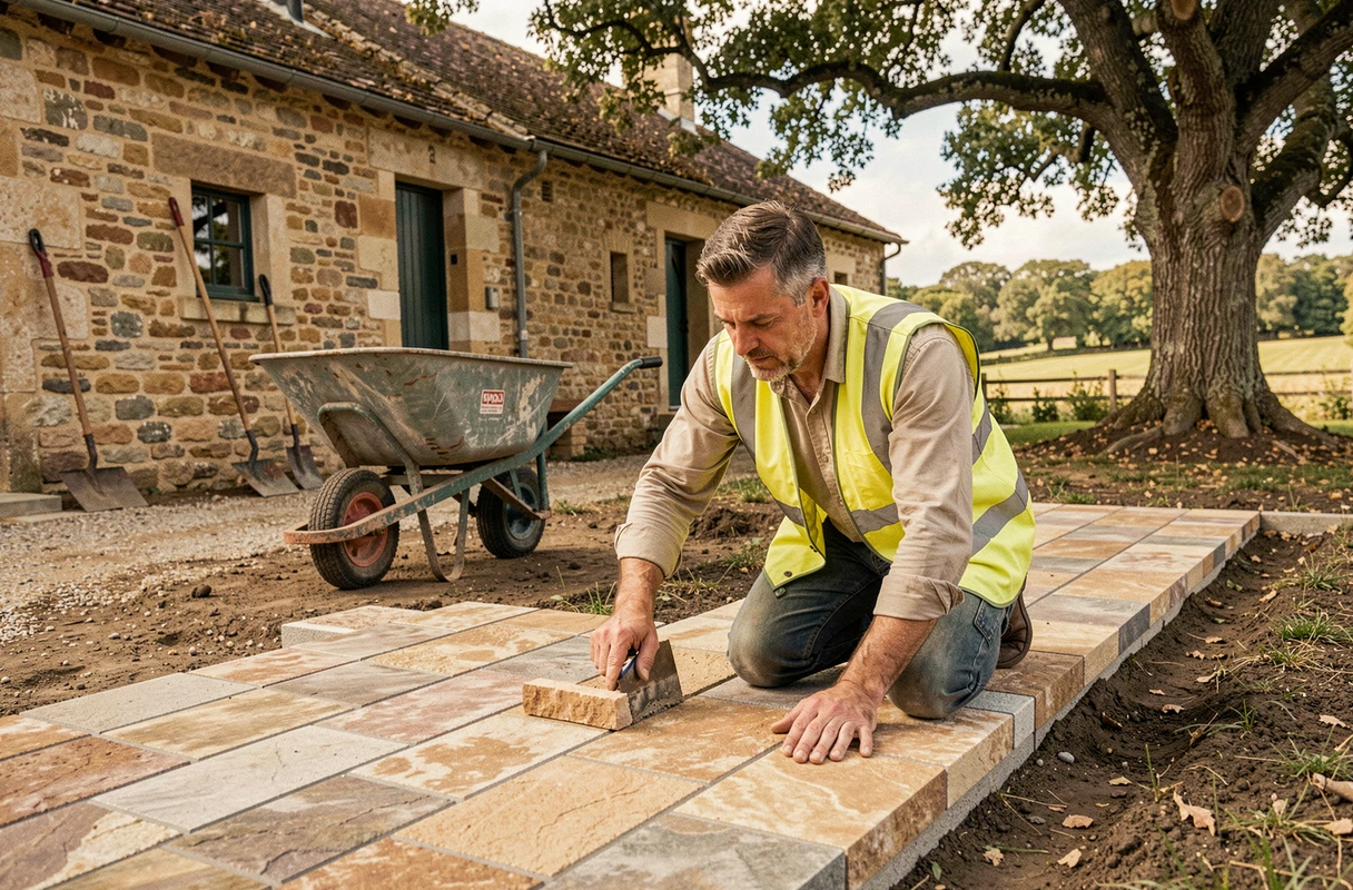 Artisan de Daniel Moquet signe vos jardins posant des pavés en pierre naturelle sur une allée de maison en Dordogne à Castels-et-Bézenac