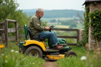 Homme conduisant une débroussailleuse autoportée d'entrée de gamme dans un jardin rural en pente