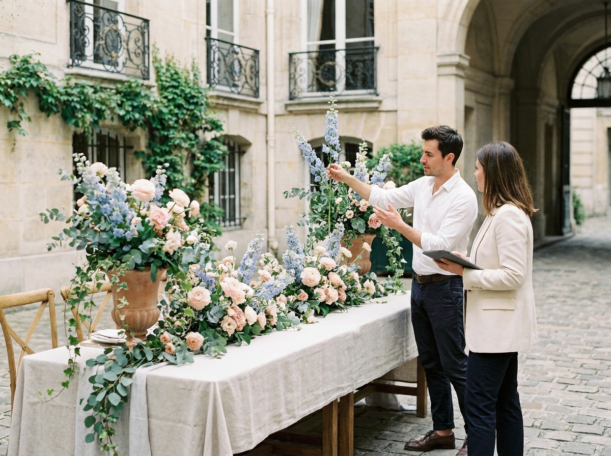Installation florale événementielle dans une cour haussmannienne parisienne avec compositions de renoncules et delphiniums sur table de banquet