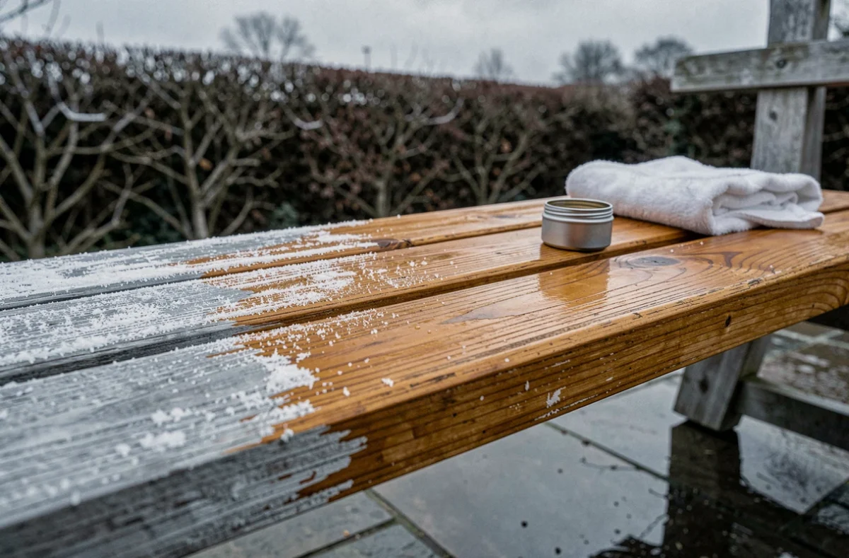 Détail d'un banc en teck avec contraste entre bois grisé non traité et section huilée en hiver sur terrasse
