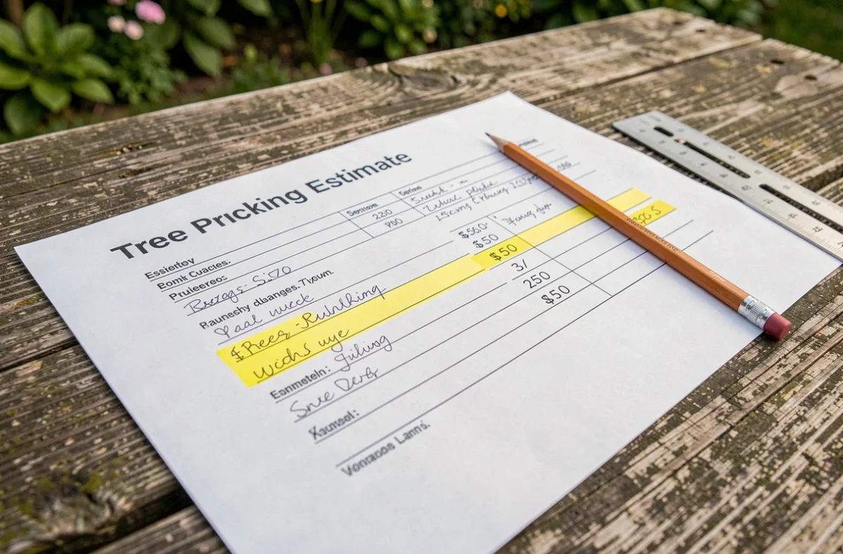 Gros plan d'un devis d'élagage imprimé annoté à la main posé sur une table en bois avec un crayon et une règle