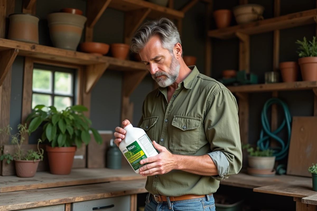 Jardinier lisant le dosage sur une bouteille de Roundup 360 Plus dans un abri de jardin