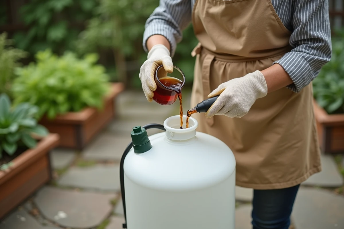 Femme dosant le Roundup 360 Plus dans un pulvérisateur de 5 litres sur une terrasse de jardin