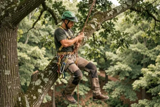Élagueur grimpeur sécurisant sa corde sur un chêne en forêt, équipé d'un harnais de grimpe certifié et d'un casque avec visière
