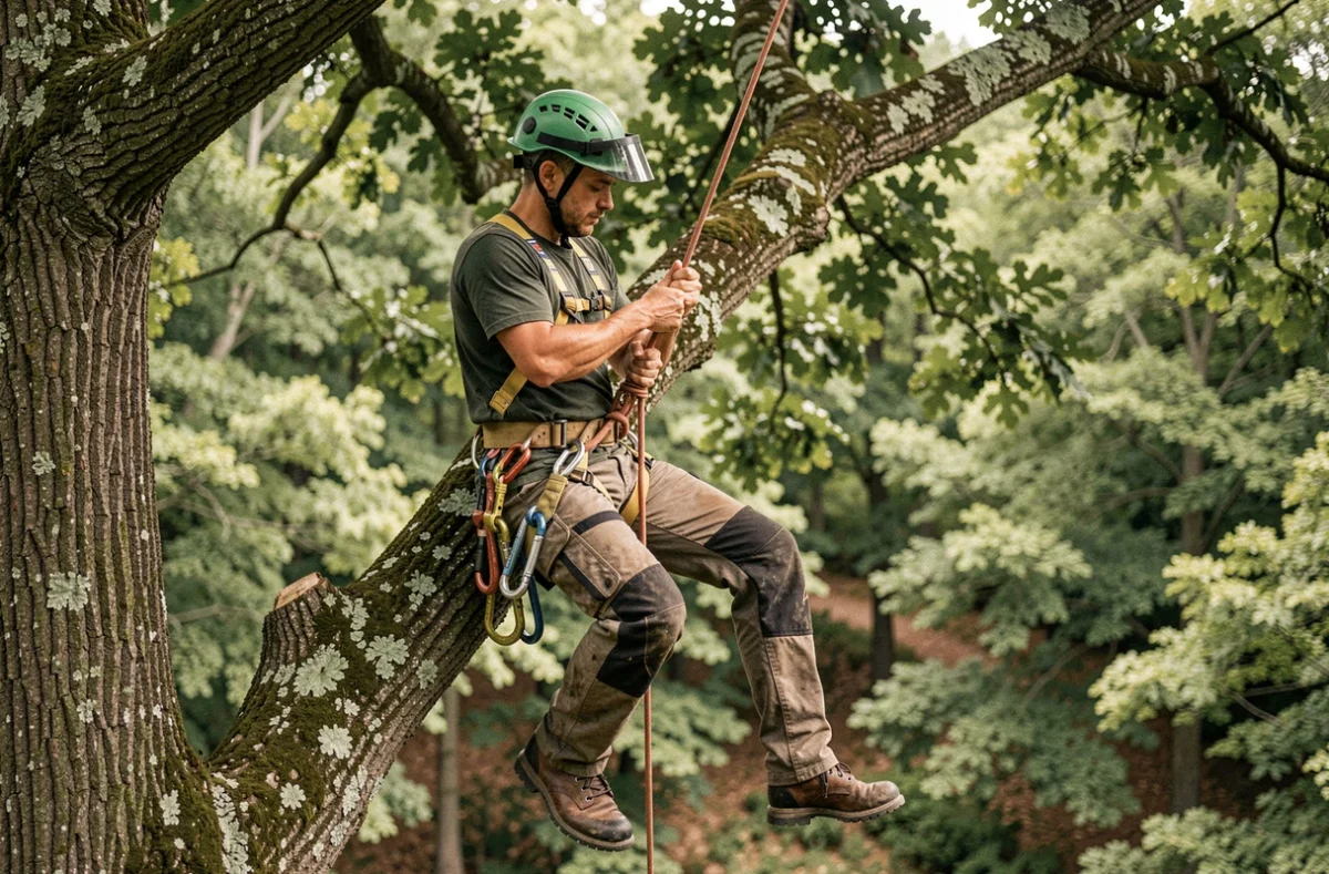 Élagueur grimpeur sécurisant sa corde sur un chêne en forêt, équipé d'un harnais de grimpe certifié et d'un casque avec visière