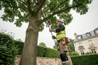 Élagueur professionnel taillant un grand chêne en milieu résidentiel avec équipement de sécurité certifié