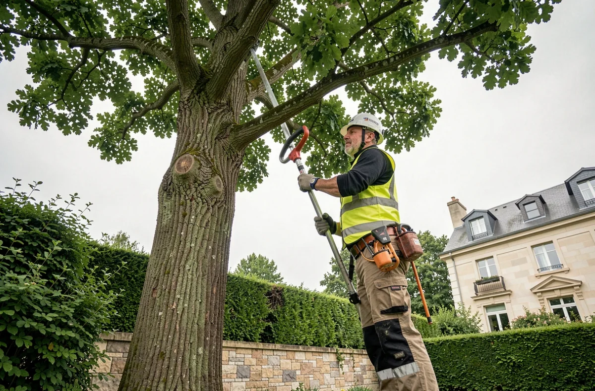 Élagueur professionnel taillant un grand chêne en milieu résidentiel avec équipement de sécurité certifié
