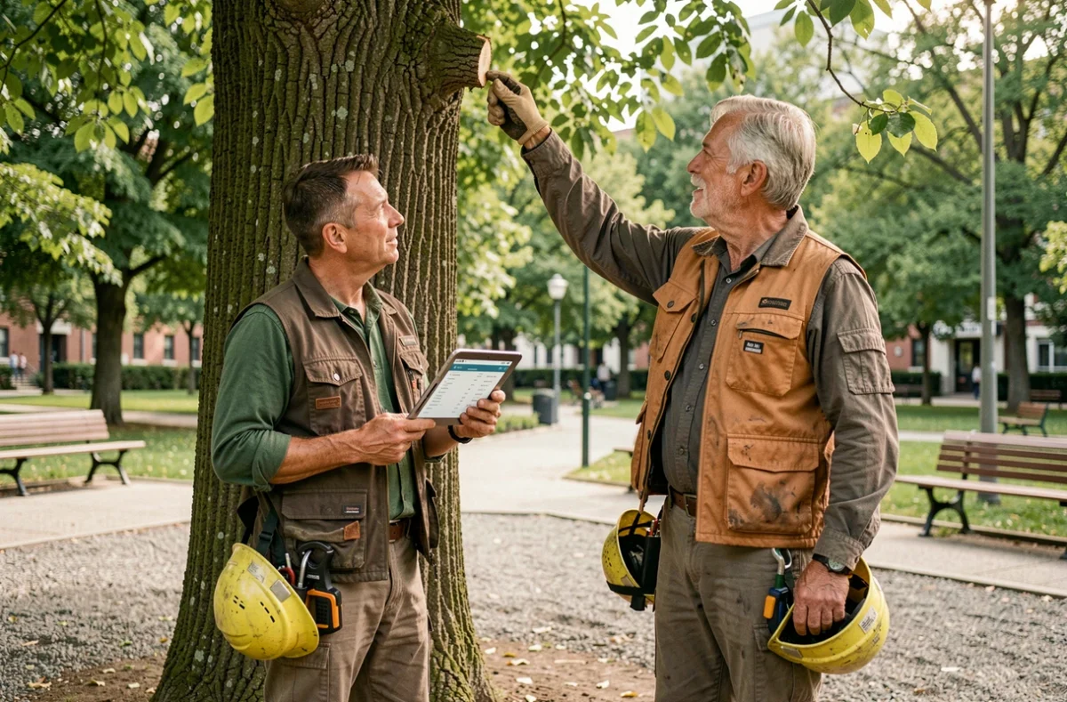 Deux élagueurs professionnels discutant d'un devis d'élagage numérique au pied d'un tilleul en milieu urbain