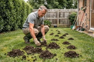 Jardinier en bottes de caoutchouc examinant des taupinières fraîches dispersées sur une pelouse verte dans un jardin résidentiel