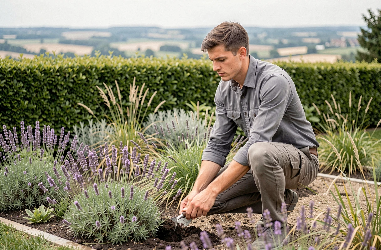 Designer paysagiste Emeric Lachaud plantant des vivaces dans un jardin contemporain à Champcevinel, vue sur la vallée de Périgueux