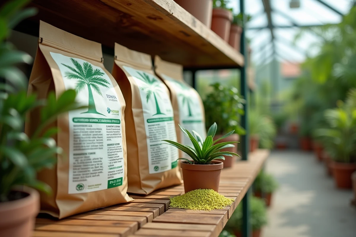 Rayonnage de jardinerie présentant des engrais spéciaux pour palmiers adaptés aux sols calcaires