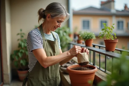 Femme appliquant de l'engrais granulaire sur un plant de tomate en pot sur un balcon urbain