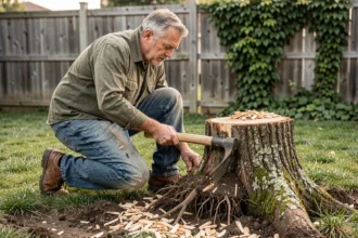 Homme en train d'enlever une souche d'arbre dans un jardin avec un pic-mattock