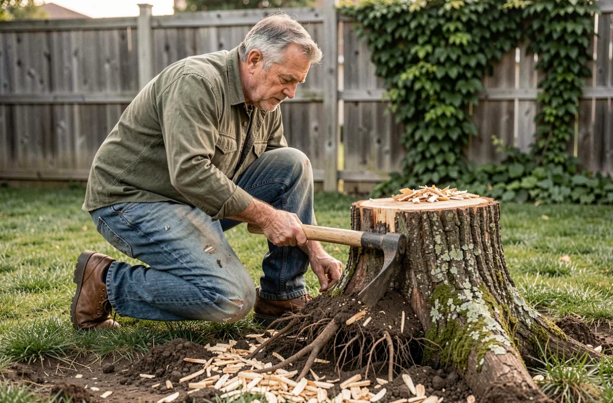 Homme en train d'enlever une souche d'arbre dans un jardin avec un pic-mattock