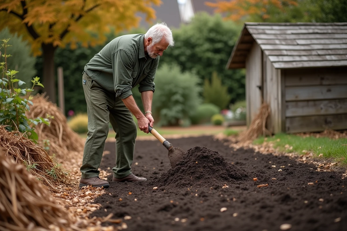 Jardinier épandant du compost sur un carré potager après la récolte des haricots verts pour enrichir le sol