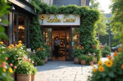 Entrée moderne d'un centre de jardinage avec plantes vertes et fleurs colorées