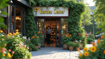Entrée moderne d'un centre de jardinage avec plantes vertes et fleurs colorées