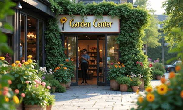 Entrée moderne d'un centre de jardinage avec plantes vertes et fleurs colorées