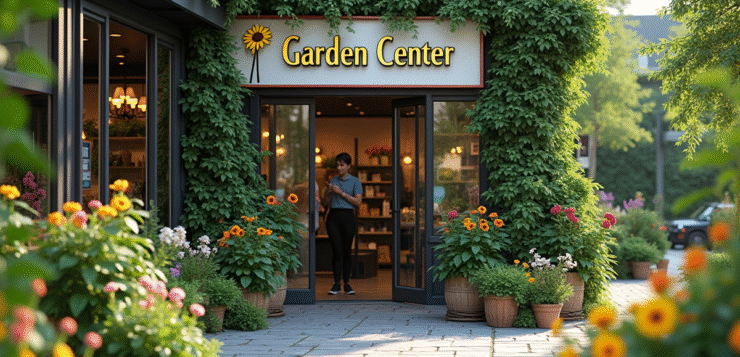 Entrée moderne d'un centre de jardinage avec plantes vertes et fleurs colorées