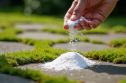 Main saupoudrant du bicarbonate sur la mousse entre pavés