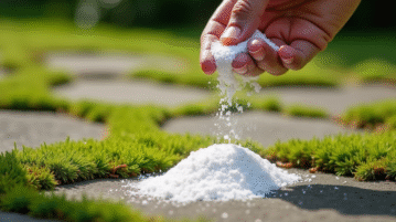 Main saupoudrant du bicarbonate sur la mousse entre pavés
