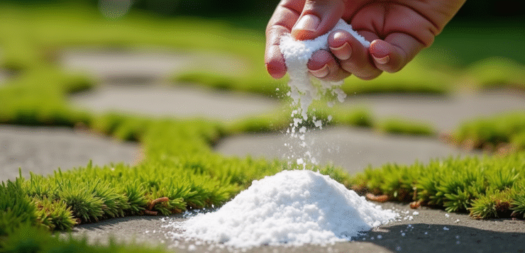 Main saupoudrant du bicarbonate sur la mousse entre pavés