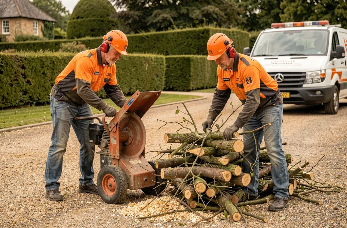 Deux élagueurs professionnels gérant le broyage et le ramassage des branches après intervention sur arbres