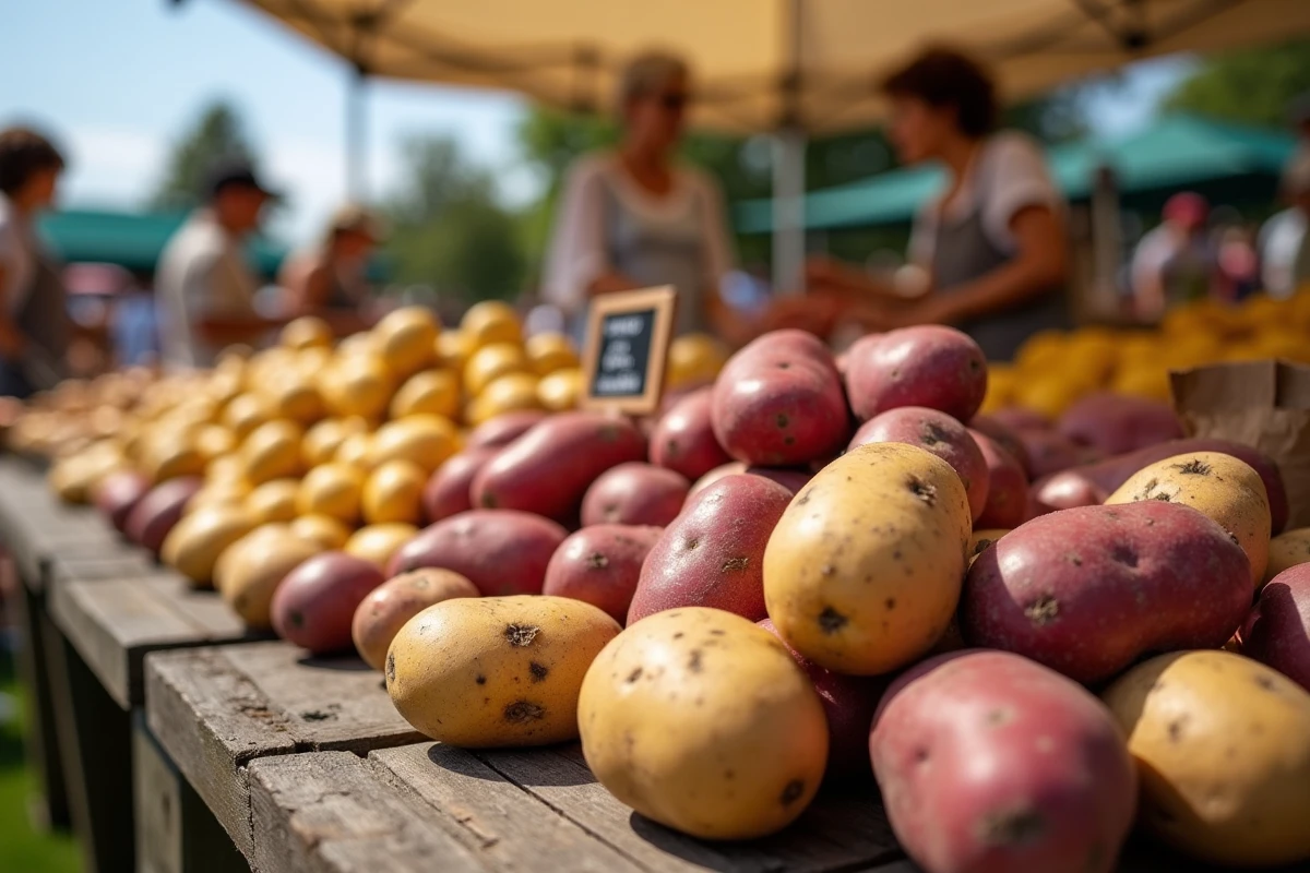 Étal de marché fermier présentant des pommes de terre de différentes variétés avec étiquettes manuscrites et sacs en papier kraft