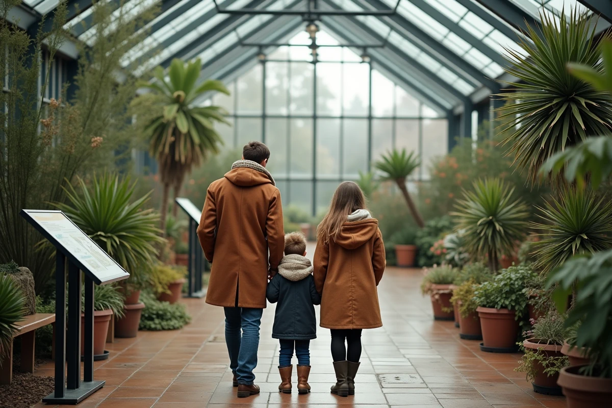 Famille jeune admirant une plante exotique dans une serre