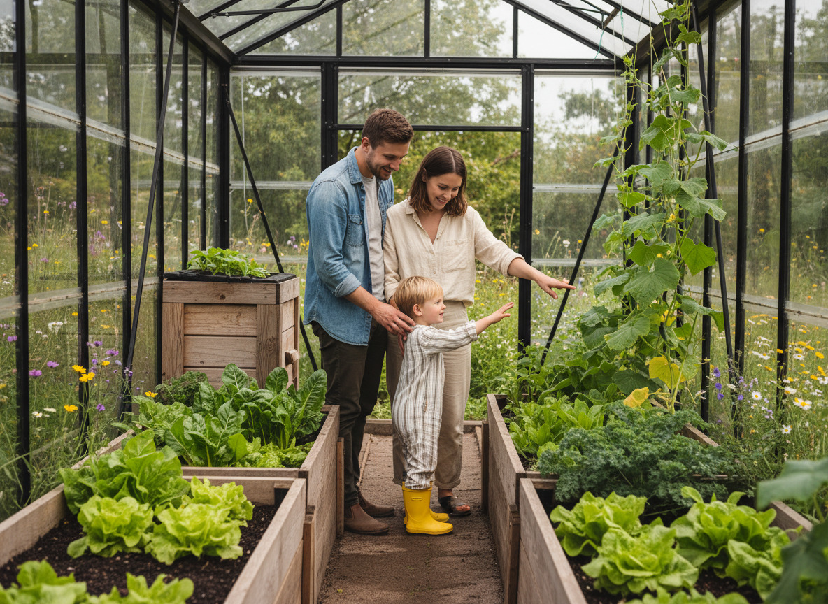 Famille dans une serre moderne observant des légumes verts