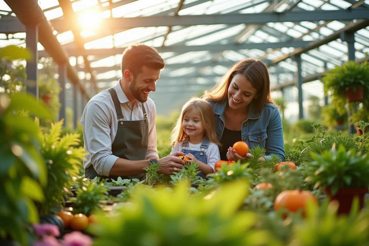 Famille heureuse achetant des produits de jardinage écologiques en extérieur