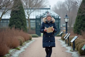 Femme agee souriante dans un jardin d'hiver en hiver