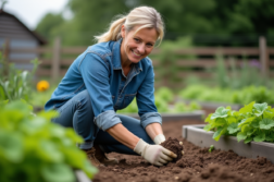 Femme agronome dans un jardin verdoyant vérifiant le sol